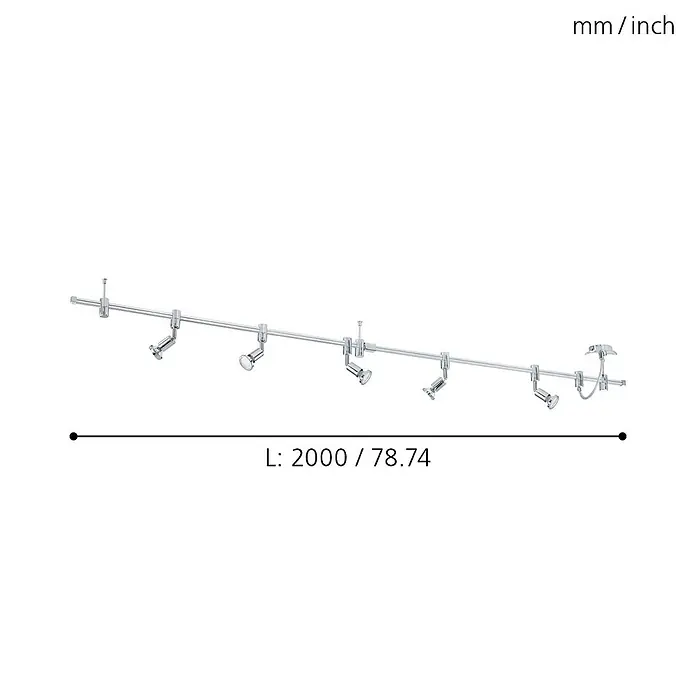 Eglo LED-Schienensystem Vilanova - 3 W, 200 cm, GU10 - Abbildung einer silberfarbenen Schienenleuchte mit fünf Strahlern und den Maßangaben in mm/inch.