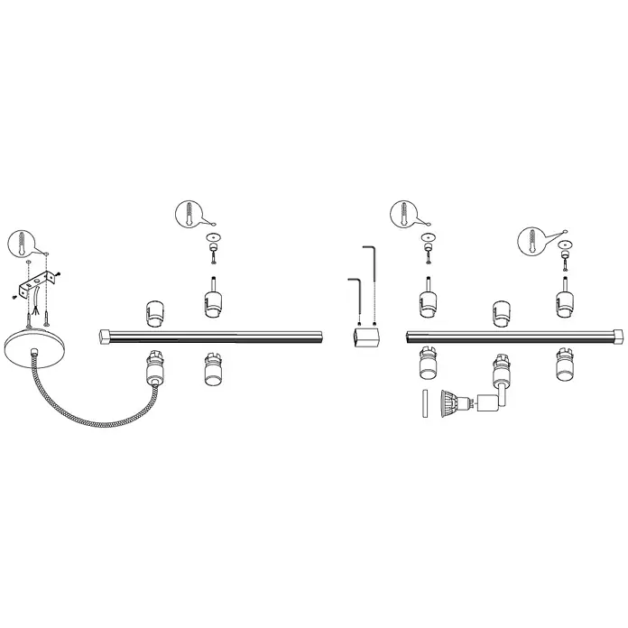 Eglo LED-Schienensystem Vilanova - 3 W, 200 cm, GU10 - Eine detaillierte Strichzeichnung einer modernen Deckenleuchte mit Installationsschritten und Einzelteilen.