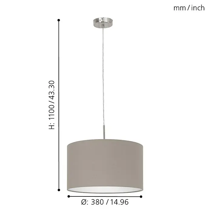Eglo Pasteri Pendelleuchte rund - Durchmesser: 380 mm, Farbe Schirm: Taupe - Abbildung einer Hängelampe mit grauem Schirm und Maßangaben zur Höhe (1100 mm) und Durchmesser (380 mm).