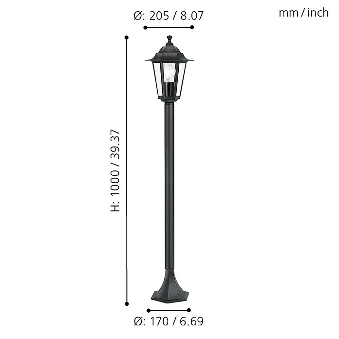 Eglo Laterna 4 Außenstehleuchte - 60 W, Farbe Gehäuse: Schwarz, 20,5 x 100 cm, Ohne Leuchtmittel - Abbildung einer schwarzen Aussenleuchte mit Größenangaben (Höhe 1000 mm, Durchmesser oben 205 mm, Durchmesser unten 170 mm).