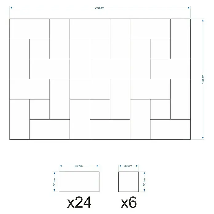Fllow Wandpolster-Set Inari A4 - 270 x 180 cm, Anthrazit - Darstellung eines Verlegemusters mit rechteckigen und quadratischen Pflastersteinen und Maßangaben.