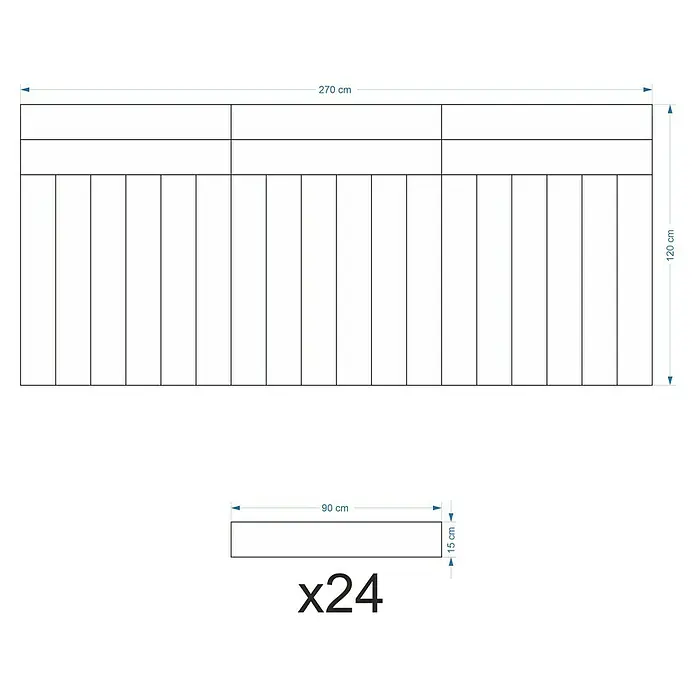 Fllow Wandpolster-Set Velvet B3 - 270 x 120 cm, Taupe - Technische Zeichnung eines Produkts mit den Maßen 1220mm Länge und 350mm Breite sowie 24 Einzelteilen von je 55mm Länge.