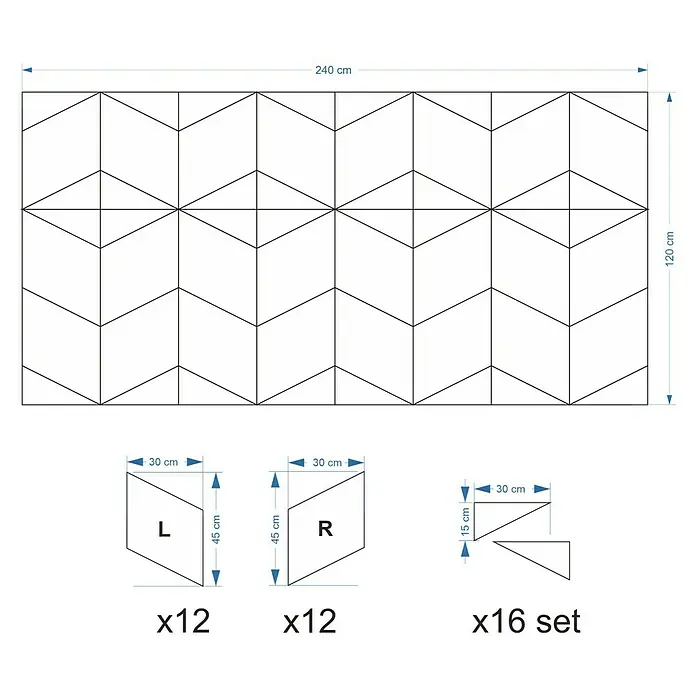 Fllow Wandpolster-Set Velvet C2 - 240 x 120 cm, Anthrazit - Abbildung eines Wandpaneels mit geometrischem Muster, bestehend aus R-, L- und Dreieckselementen, ideal für eine moderne Raumgestaltung.