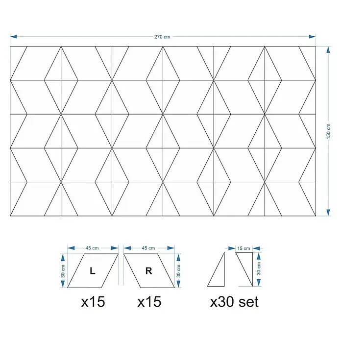 Fllow Wandpolster-Set Velvet C3 - 270 x 150 cm, Grün - Produktansicht der Fliesenanordnung mit Abmessungen und benötigten Fliesenteilen. Ideal für die Planung und Gestaltung von Boden- und Wandbelägen.