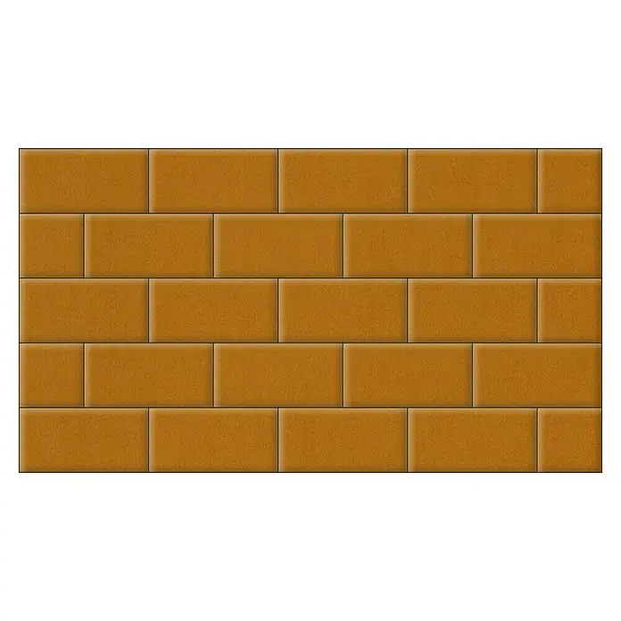 Fllow Set de paneles de pared acolchados Set Velvet A1 - 270 x 150 cm, Mostaza - Imagen de una pared hecha de ladrillos rectangulares de color ocre, que forman un patrón de mampostería clásico y robusto.
