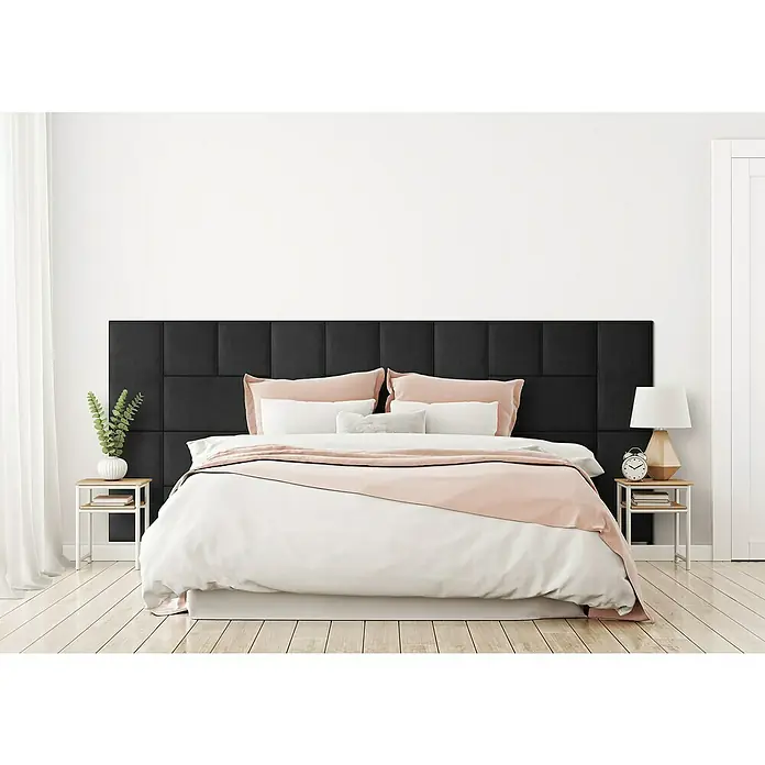 Fllow Wandpolster-Set Velvet A2 - 300 x 120 cm, Schwarz - Elegantes Schlafzimmer mit gepolstertem, schwarzem Kopfteil, das für einen luxuriösen und modernen Look sorgt. Die perfekte Ergänzung für jedes Schlafzimmer.