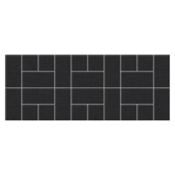 Fllow Set de paneles de pared acolchados Set Inari A2 - 300 x 120 cm, Antracita - Una alfombra oscura con un patrón geométrico de rectángulos y cuadrados, ideal para interiores modernos.
