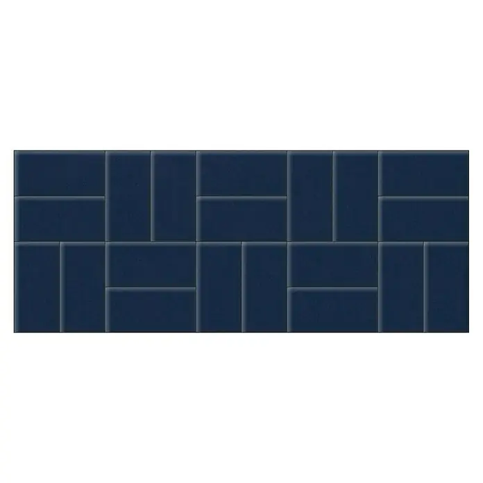 Fllow Set de paneles de pared acolchados Set Velvet A3 - 300 x 120 cm, Azul - Vista de un patrón hecho de ladrillos azul oscuro dispuestos en un patrón escalonado creando una superficie texturizada elegante.