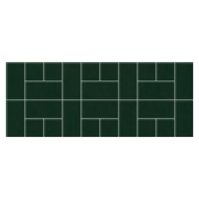 Fllow Set de paneles de pared acolchados Set Velvet A3 - 300 x 120 cm, Verde - Vista detallada de azulejos rectangulares de pared de color verde oscuro con juntas claras. Bonito patrón geométrico para baños o cocinas modernas.