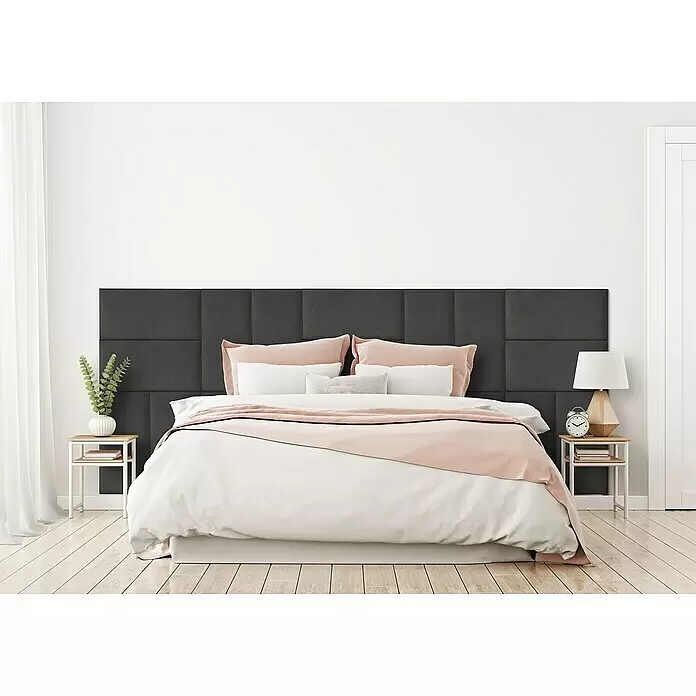 Fllow Wandpolster-Set Velvet A3 - 300 x 120 cm, Anthrazit - Dunkelgraues gepolstertes Kopfteil aus rechteckigen Paneelen, das ein stilvolles Ambiente für ein Bett schafft.