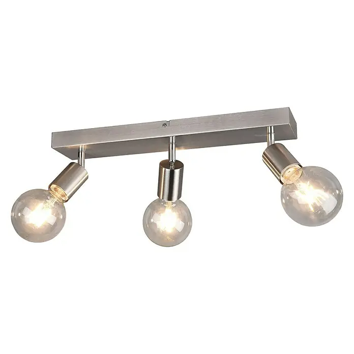 Trio Lighting Regleta Vannes - 40 W, 3 ud., L x An x Al: 9 x 44 x 12 cm, Níquel mate - Lámpara de techo con tres focos. El producto es de color plateado y las bombillas son visibles. Ideal para un interior moderno.
