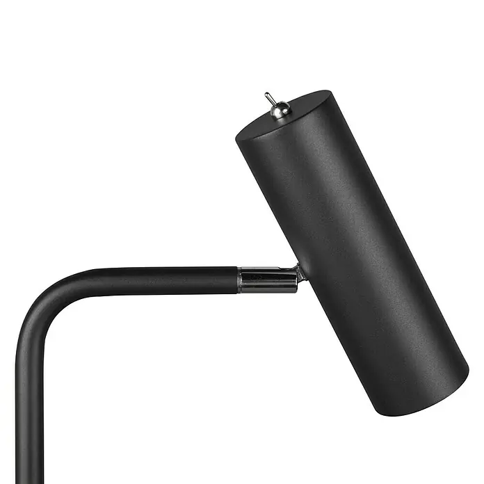 Trio Lighting Marley Lámpara de pie - 5 W, Altura: 151 cm, Negro, GU10 - Primer plano de una lámpara de escritorio negra con cabezal cilíndrico y brazo ajustable, ideal para diseños de espacios de trabajo modernos.