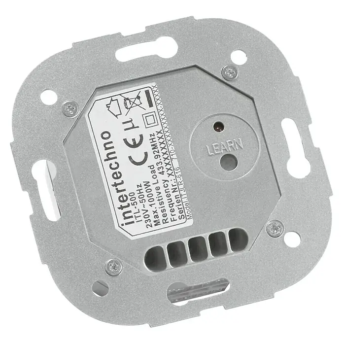Intertechno Funk-Jalousieschalter ITL-500 - 500 W, Reichweite ca.: 30 m - Aufnahme eines Intertechno ITL-500 Funk-Zwischendeckenempfängers mit Angaben zu Spannung, Frequenz und maximaler Leistung.