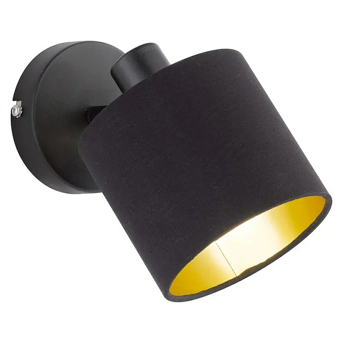 Reality Leuchten Tommy Deckenstrahler - 28 W, Höhe: 19 cm, Schwarz, E14, 1 Stk. - Eine moderne schwarze Wandleuchte mit einem goldenen Innenraum, die ein warmes Licht ausstrahlt und eine elegante Atmosphäre schafft.