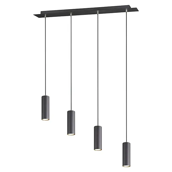 Trio Lighting Marley Lámpara colgante - 140 W, L x An x Al: 9 x 75 x 150 cm, Negro, GU10, 4 ud. - Lámpara colgante cuádruple gris con pantallas cilíndricas suspendidas de un soporte de techo rectangular.