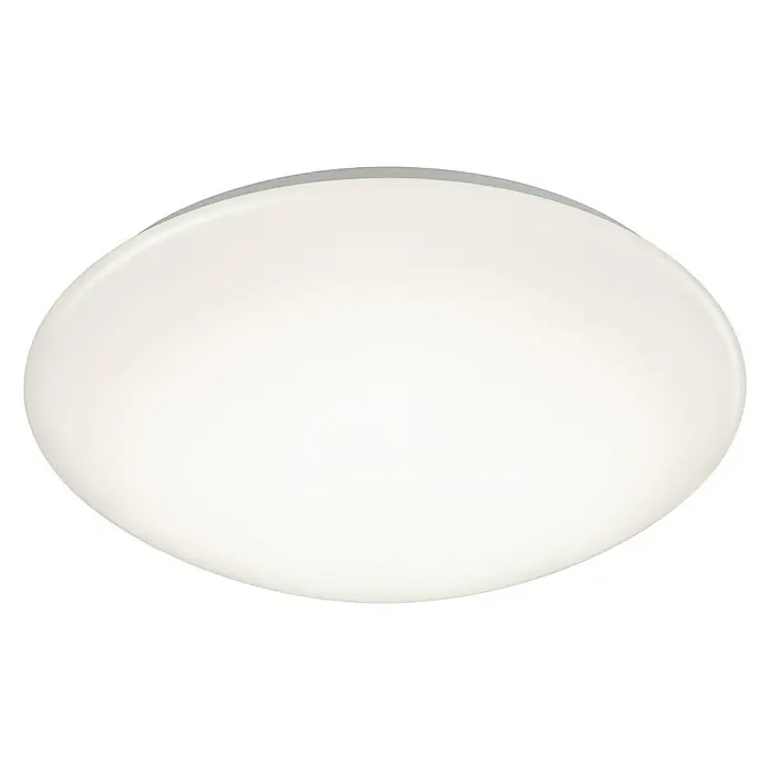 Trio Lighting Plafón LED redondo Lukida - 18 W, Ø x Al: 380 mm x 10 cm, Blanco, Blanco cálido - Primer plano de una lámpara de techo redonda y blanca con un sutil borde plateado sobre un fondo oscuro.