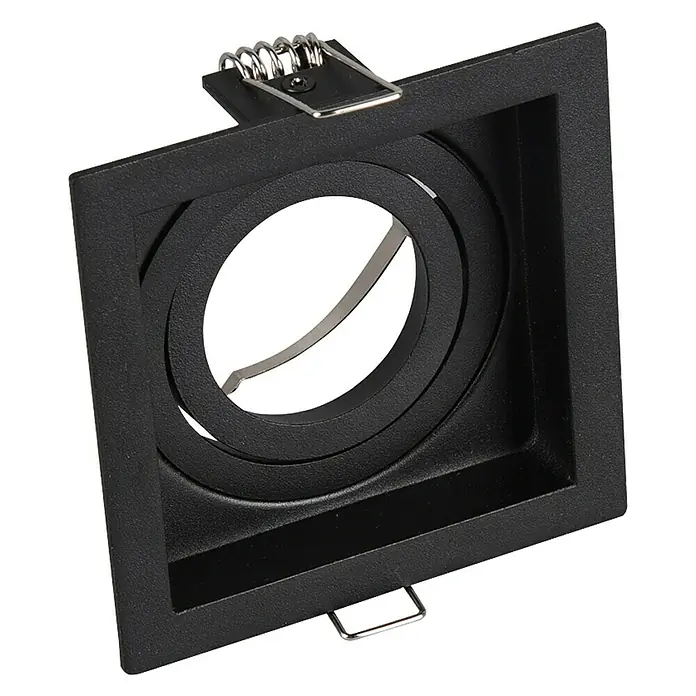 Trio Lighting Foco empotrable Kenai - 15 W, Negro, 1 ud. - Primer plano de un foco empotrable cuadrado negro con un elemento interior redondo ajustable y resortes de montaje plateados.