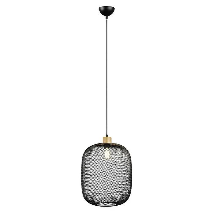 Trio Lighting Lámpara colgante redonda Calimero - 40 W, Ø x Al: 33 x 150 cm, Negro/Marrón, E27 - Elegante lámpara colgante con pantalla de metal negro y luz cálida, ideal para espacios modernos.