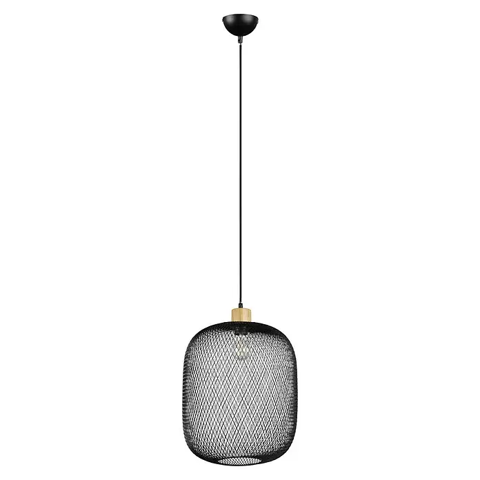 Trio Lighting Lámpara colgante redonda Calimero - 40 W, Ø x Al: 33 x 150 cm, Negro/Marrón, E27 - Elegante lámpara colgante negra con pantalla de malla metálica y detalle de madera. Perfecta para interiores modernos.