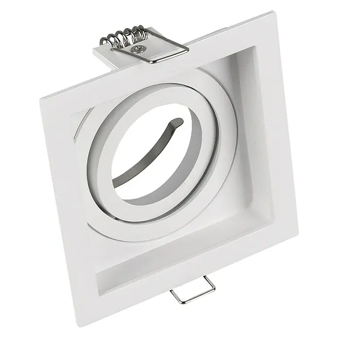 Trio Lighting Foco empotrable Kenai - 15 W, Blanco, 1 ud. - Primer plano de una lámpara empotrable cuadrada blanca con un diseño interior en espiral y soportes de montaje plateados.