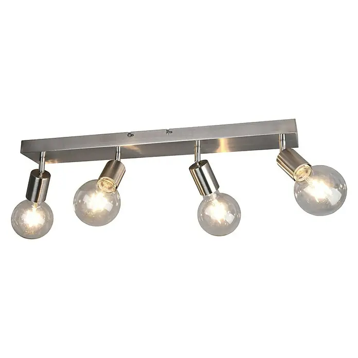 Trio Lighting Regleta Vannes - 40 W, 4 ud., L x An x Al: 9 x 60 x 12 cm, Níquel mate - Lámpara de techo moderna con cuatro focos ajustables individualmente y bombillas claras sobre una barra de metal rectangular.