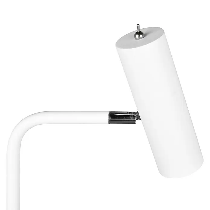 Trio Lighting Marley Lámpara de pie - 5 W, Altura: 151 cm, Blanco, GU10 - Primer plano de una moderna lámpara de escritorio blanca con pantalla cilíndrica sobre un fondo negro.