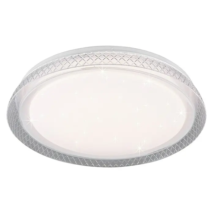 Trio Lighting Plafón LED redondo Heracles - 18 W, Ø x Al: 380 mm x 5 cm, Blanco, Blanco cálido - Primer plano de una lámpara de techo redonda con un borde transparente y texturizado e iluminación suave.