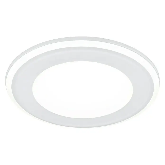 Trio Leuchten LED-Einbauleuchte rund Aura - 10 W, Ø x H: 14 x 3 cm, Weiß - Nahaufnahme einer runden, weißen Deckenleuchte mit sanftem Lichtschein vor einem dunklen Hintergrund.