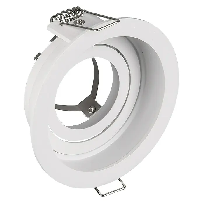 Trio Lighting Foco empotrable Kenai - 15 W, Ø x Al: 9 x 10 cm, Blanco - Primer plano de un foco empotrable de techo blanco con elementos metálicos para la fijación, aislado sobre fondo negro.