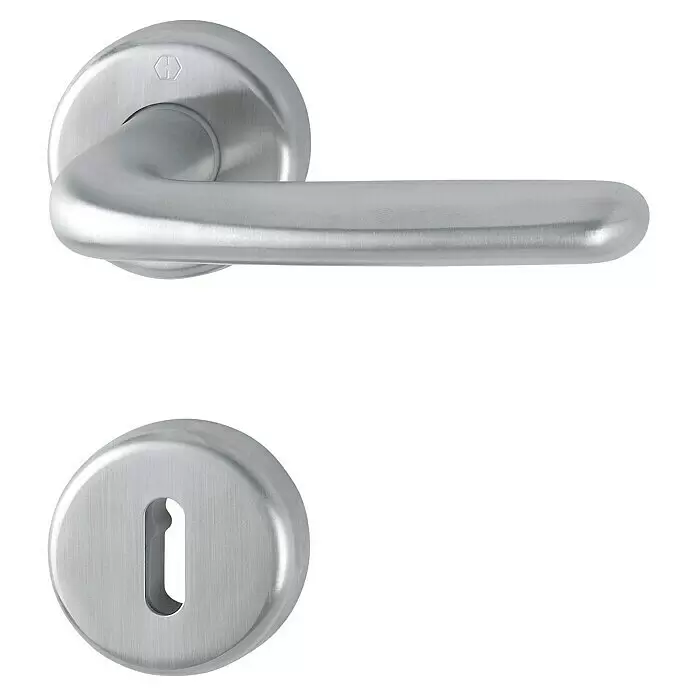 Hoppe Drückergarnitur Cardiff - Stärke Tür: 42 mm - 37 mm, Edelstahl, Buntbart, Form Schild: Rund - Türdrückergarnitur aus gebürstetem Silber mit Griff und Schlüssellochblende.
