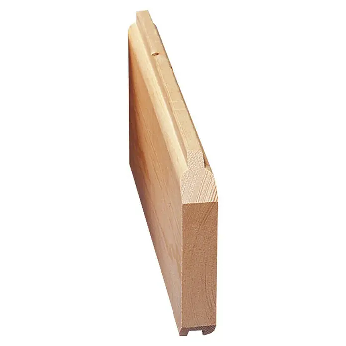 Kiehnholz Gartenhaus Mikka - Außenmaß inkl. Dachüberstand (B x T): 228 x 233 cm, Holz, Natur, Satteldach - Nahaufnahme eines Holzprofils mit abgerundeter Kante und Nut, ideal für Bau- oder Tischlerprojekte. Die Holzstruktur ist gut sichtbar.