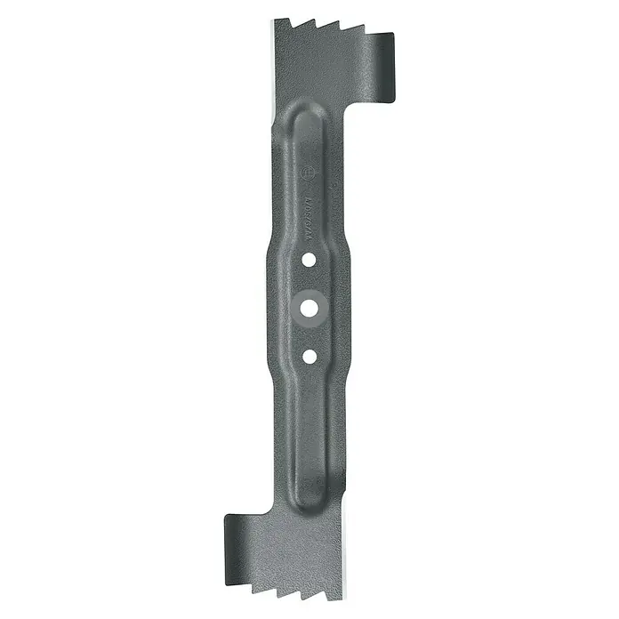 Bosch Ersatzmesser für Rasenmäher - Bosch Akku-Rasenmäher UniversalRotak 36 - Graues Rasenmähermesser mit gezackten Enden und Befestigungslöchern in der Mitte für Rasenmäher-Enthusiasten.