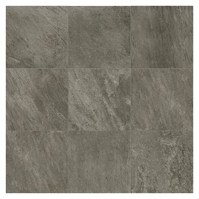 Atlas Concorde Solution Regent Terrassenfliese Grey - 60 x 60 x 2 cm, Grau, Matt - Eine Nahaufnahme von quadratischen Fliesen mit einem robusten, steinartigen Design in Grautönen, ideal für moderne Innenräume.