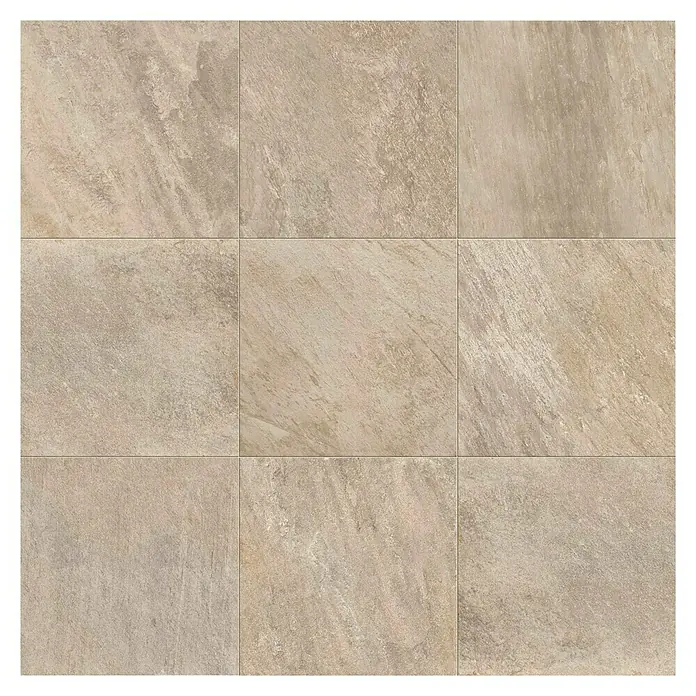 Atlas Concorde Solution Regent Terrassenfliese Ivory - 60 x 60 x 2 cm, Beige/Braun, Matt - Nahaufnahme eines Musters aus quadratischen, beigefarbenen Steinzeugfliesen, die ein rustikales und elegantes Erscheinungsbild bieten.
