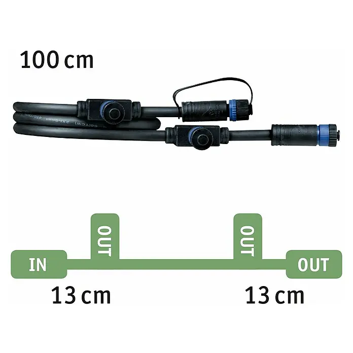 Paulmann Plug & Shine Verbindungskabel - 1 m, 3 Anschlüsse, IP68 - Abbildung eines 100 cm langen Stromkabels mit Steckverbindern, das zur Installation von LED-Leuchten im Außenbereich geeignet ist.