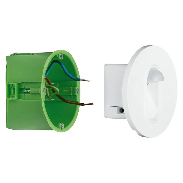 Paulmann LED-Einbauleuchte rund - 2,7 W, Weiß, L x B: 7,8 x 7,8 cm, Rund - Die Abbildung zeigt einen grünen Elektrokasten mit Kabeln und einen weißen Bewegungsmelder. Das Produkt ist für die Installation im Innenbereich geeignet.