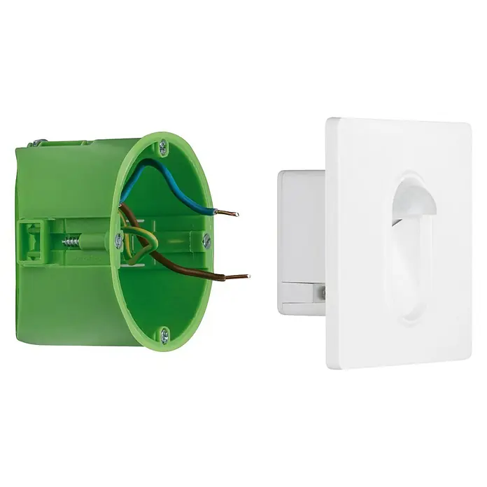 Paulmann LED-Einbauleuchte eckig - 2,7 W, Weiß, L x B: 7,8 x 7,8 cm, Eckig - Ein grüner Verteilerkasten mit elektrischen Drähten und ein weisser Lichtschalter.