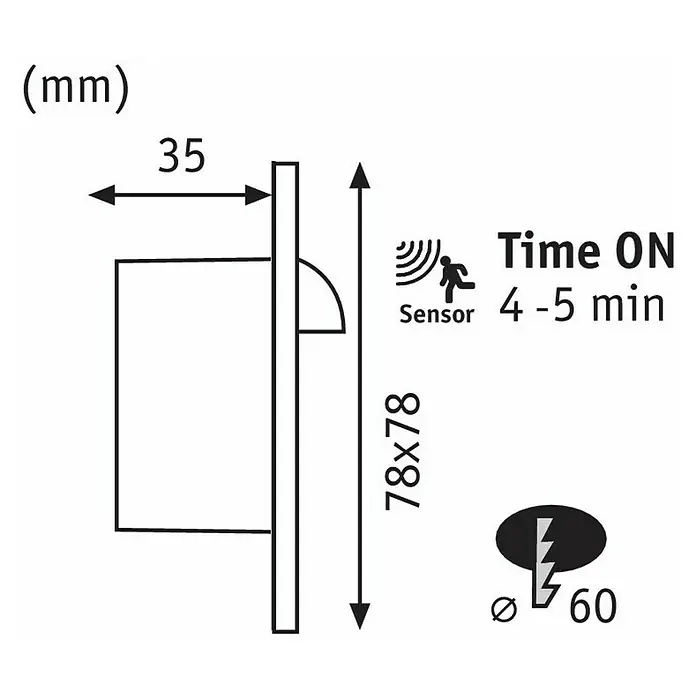 Paulmann LED-Einbauleuchte eckig - 2,7 W, Weiß, L x B: 7,8 x 7,8 cm, Eckig - Produktabmessungen: Die Abbildung zeigt die Maße 78x78 mm, eine Tiefe von 35 mm und einen Durchmesser von 60 mm für dieses Produkt.