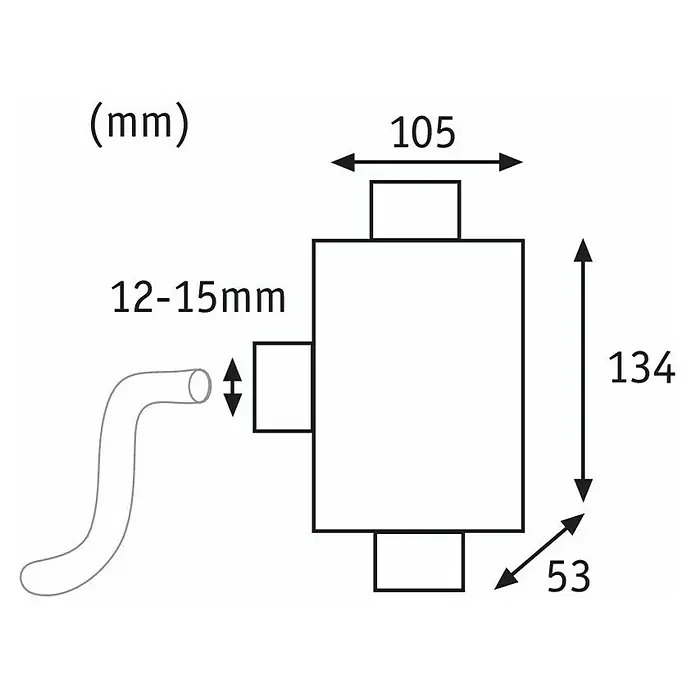 Paulmann Special Line Verbindungsbox - Kunststoff, IP68 - Skizze einer Auspuffanlage mit Abmessungen in Millimetern. 134 mm Höhe, 105 mm Breite und 53 mm Tiefe, Rohrdurchmesser 12-15mm.