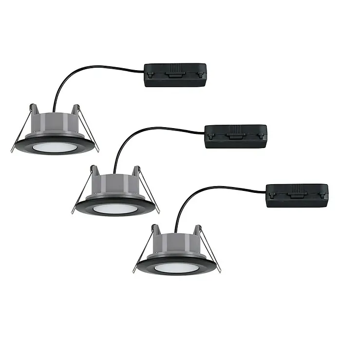 Paulmann LED-Einbauleuchten-Set Vali - 16,5 W, Schwarz, 3 Stk., Warmweiß, IP65 - Bild von drei versenkten LED-Leuchten mit Treibern. Die Leuchten sind grau und haben ein schlankes, modernes Design für den Innenbereich.