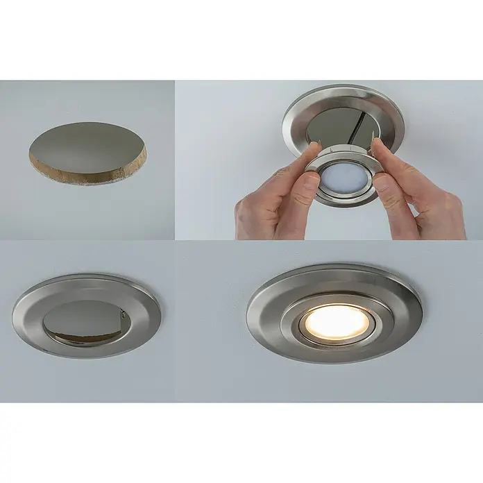 Paulmann Einbauadapter - Metall, Eisen gebürstet, Durchmesser: 13 cm - Vier Schritte zur Installation einer LED-Deckenleuchte in gebürstetem Nickel, von der Vorbereitung bis zur fertigen Leuchte.