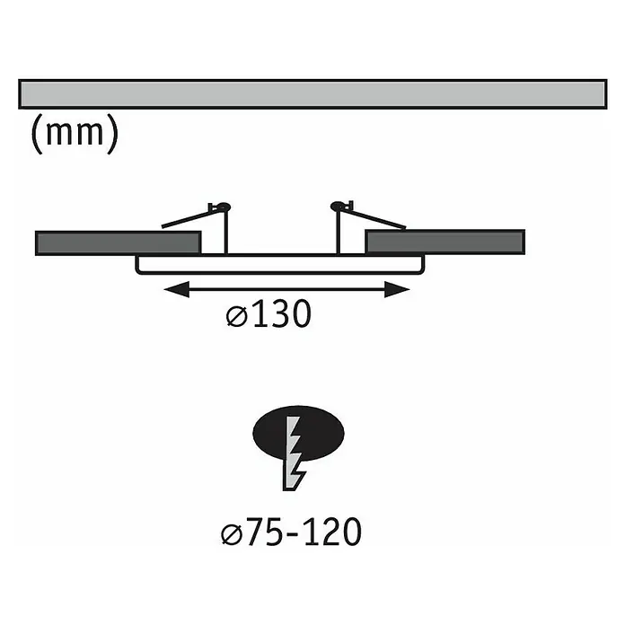 Paulmann Einbauadapter - Metall, Eisen gebürstet, Durchmesser: 13 cm - Produktdiagramm eines Deckenspots mit Abmessungen, inklusive Einbaumaße und Gesamtgröße, in Millimetern angegeben.