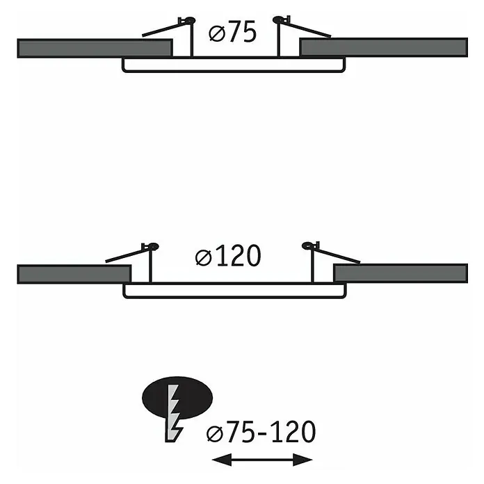 Paulmann Einbauadapter - Metall, Eisen gebürstet, Durchmesser: 13 cm - Schematische Darstellung eines runden Deckeneinbaustrahlers mit den Durchmessern 75 mm und 120 mm.