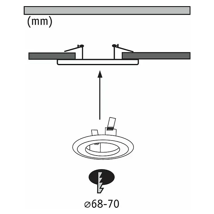 Paulmann Einbauadapter - Metall, Eisen gebürstet, Durchmesser: 13 cm - Schematische Darstellung einer runden Einbauleuchte mit Montageanleitung und Größenangabe in Millimetern.