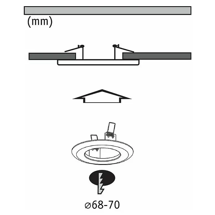 Paulmann Einbauadapter - Metall, Weiß, Durchmesser: 13 cm - Abbildung einer Einbauleuchte mit den Maßen Ø68-70 mm und einer schematischen Darstellung der Installation in einer Decke.