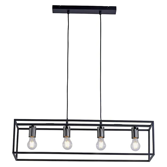 Paul Neuhaus Pendelleuchte Fabio - 60 W, L x B x H: 80 x 20 x 120 cm, Schwarz - Eine moderne Pendelleuchte mit vier Edison-Glühbirnen in einem rechteckigen, schwarzen Metallrahmen. Sie hängt an zwei dünnen Kabeln.