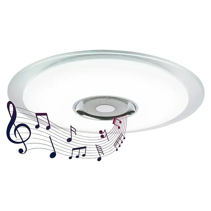 Globo LED-Deckenleuchte rund Tune - 36 W, Ø x H: 600 mm x 6,1 cm, Weiß, Opal, RGB - Eine runde Deckenleuchte mit integriertem Lautsprecher, umgeben von bunten Noten, für Musikliebhaber, die Wert auf Licht und Klang legen.