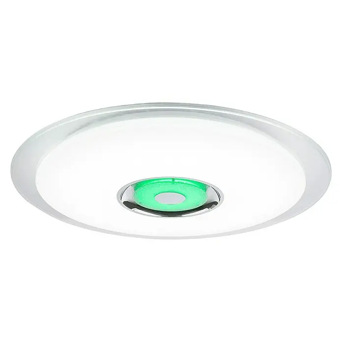 Globo LED-Deckenleuchte rund Tune - 36 W, Ø x H: 600 mm x 6,1 cm, Weiß, Opal, RGB - Eine moderne LED-Deckenleuchte mit einem runden, weißen Diffusor und einem grünen Lichtelement in der Mitte, ideal für stilvolle Innenräume.