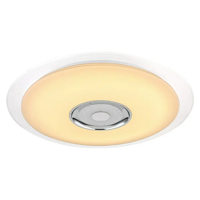Globo LED-Deckenleuchte rund Tune - 36 W, Ø x H: 600 mm x 6,1 cm, Weiß, Opal, RGB - Deckenleuchte mit runder Form, weißem Rahmen und integriertem Lautsprecher für angenehme Beleuchtung und Musik.