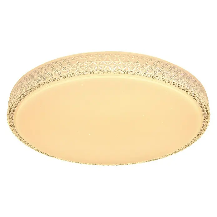 Globo Deckenleuchte rund OVI - 40 W, Ø x H: 600 mm x 62 cm, Dimmbar - Nahaufnahme einer runden LED-Deckenleuchte mit einem dekorativen, kristallartigen Rand und warmem Licht.